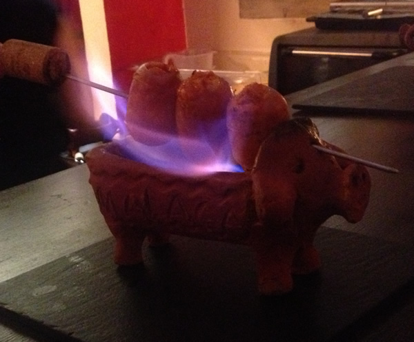 Flaming chorizo at the Gastrobar - they have a sense of humour as well as taste